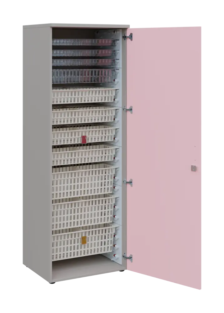 EUROMEDICA D - 66 skříň léková boxová, 1-dveřová, pravá, 1950x660x535, korpus šedý, dvířka pastelově růžová